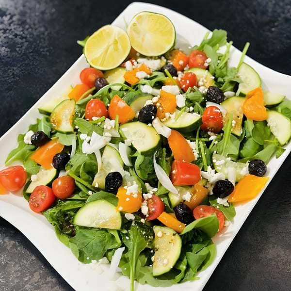 Emran Restaurant's fresh salad with arugula, tomatoes, cucumbers, feta, olives, and lime wedges.